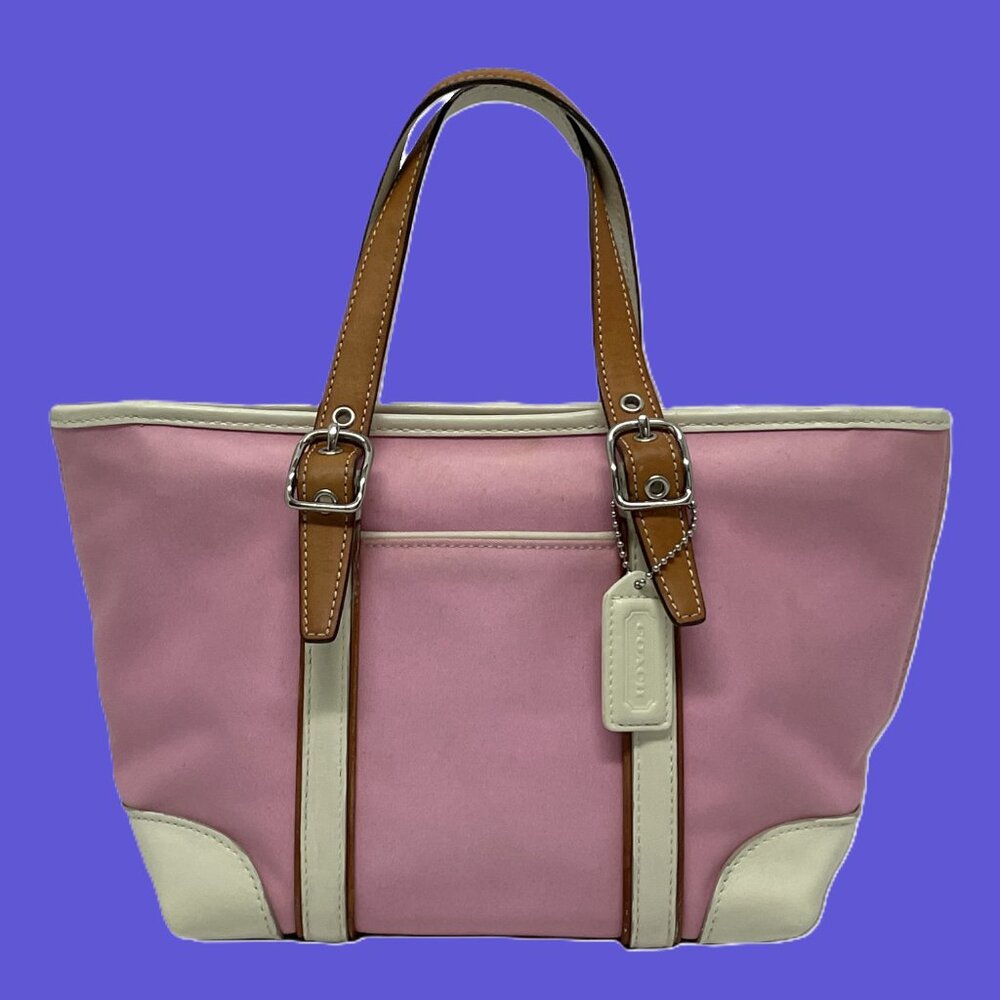 COACH Handbag Small Pink White Canvas Tan Leather 7741 **EUC** ADORABLE!!